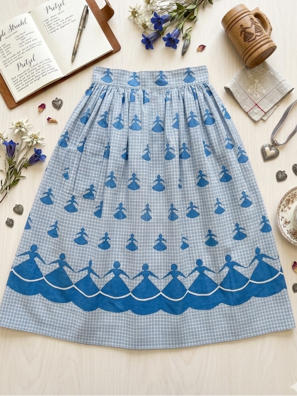 VTG 1950s Dancing Ladies Blue White Graph Plaid Half Apron Traditional Prairie